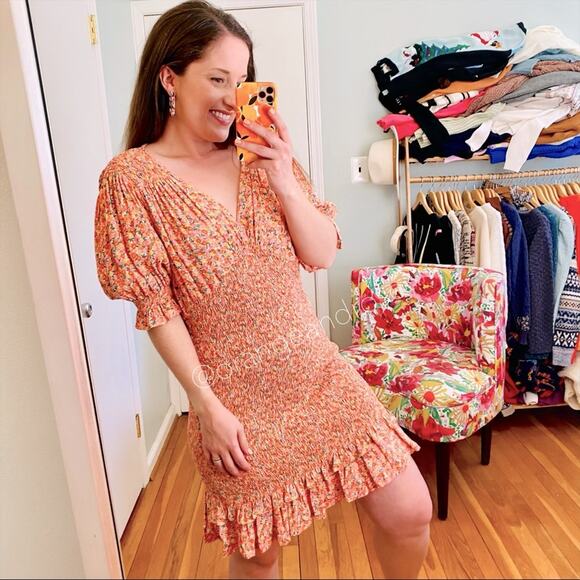 FAITHFULL THE BRAND Pink Yellow Dainty Floral Smocked V Neck Mini Dress M - Picture 1 of 14